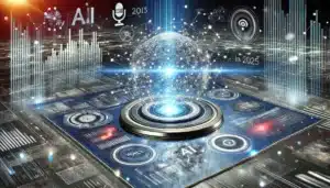 Futuristic digital landscape depicting the evolution of AI and search engines in 2025, with interconnected neural networks, dynamic search interfaces, and a glowing holographic globe symbolizing global AI connectivity.