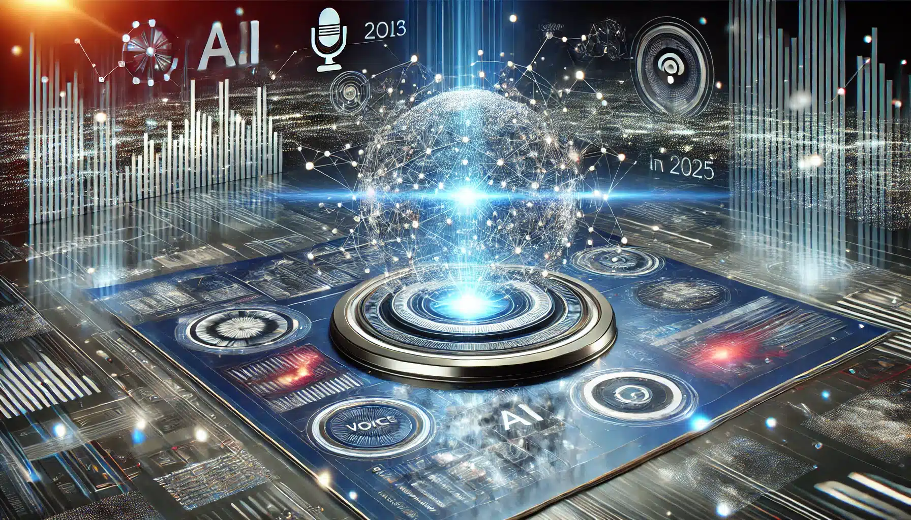 Futuristic digital landscape depicting the evolution of AI and search engines in 2025, with interconnected neural networks, dynamic search interfaces, and a glowing holographic globe symbolizing global AI connectivity.
